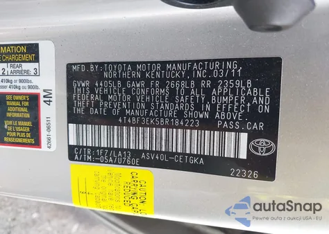 2011 Toyota Camry Xle z USA, uszkodzony, nr VIN 4T4BF3EK5BR184223